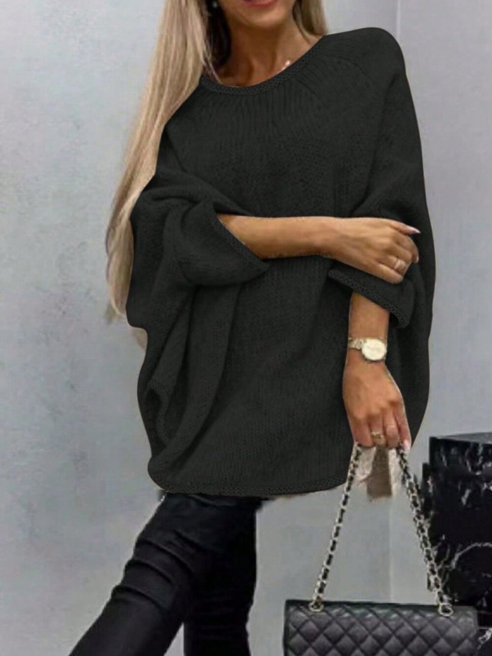 Black Casual Women's Minimalist Batwing Sleeve Crew Neck Knit Sweater - Picture 3 of 3